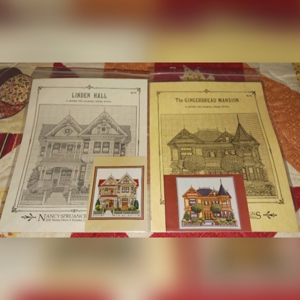 2 Nancy Spruance Victorian House Cross Stitch Patterns Gingerbread & Linden Hall